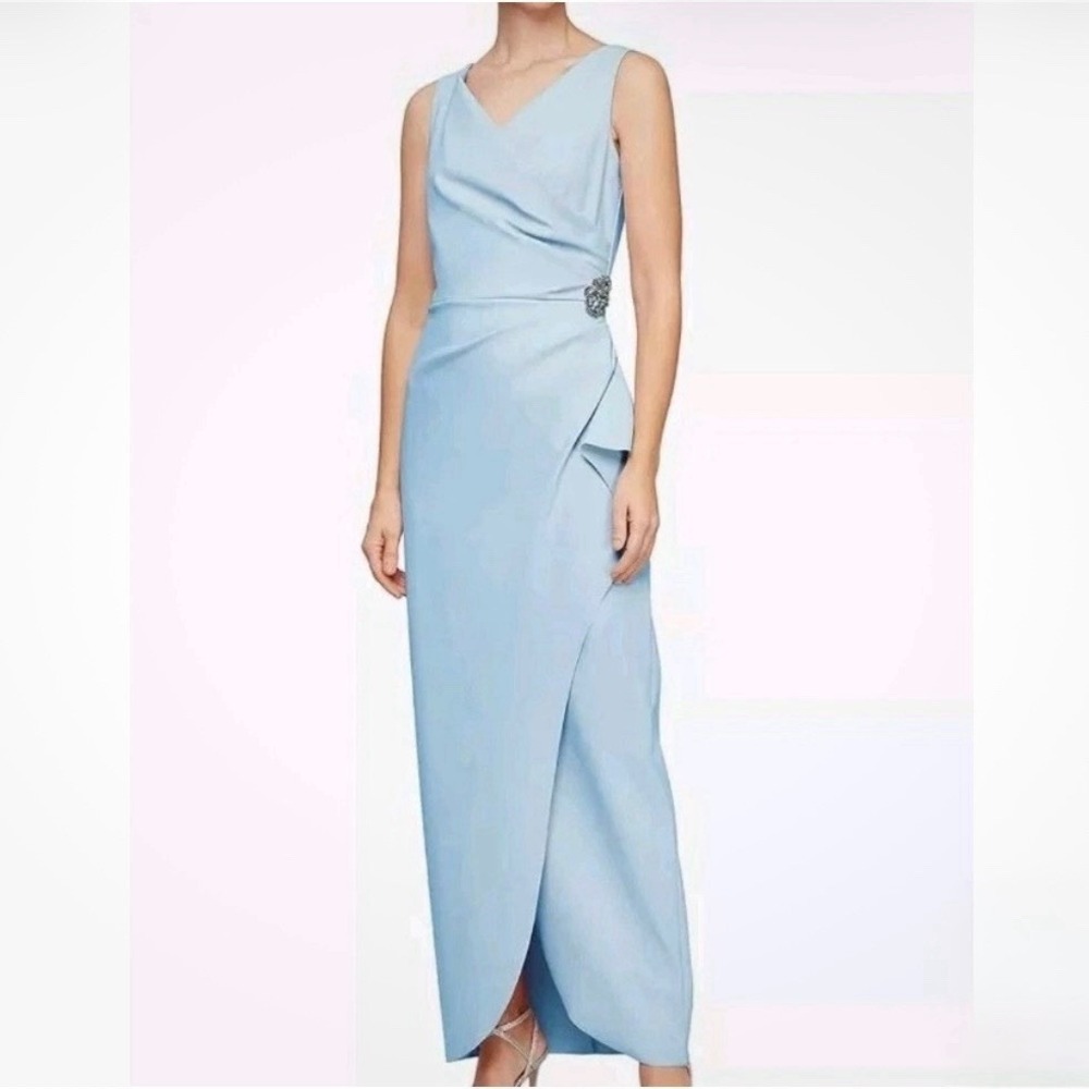 Alex Evenings Light Blue Ruffle Side Slit‎ Sleeveless Scuba Dress Size 8 PETITE